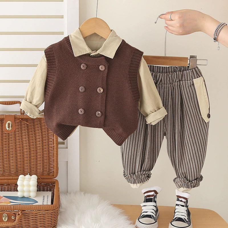 Set elegante Autunno e Inverno beige & marrone – gilet a doppio petto e pantaloni a righe