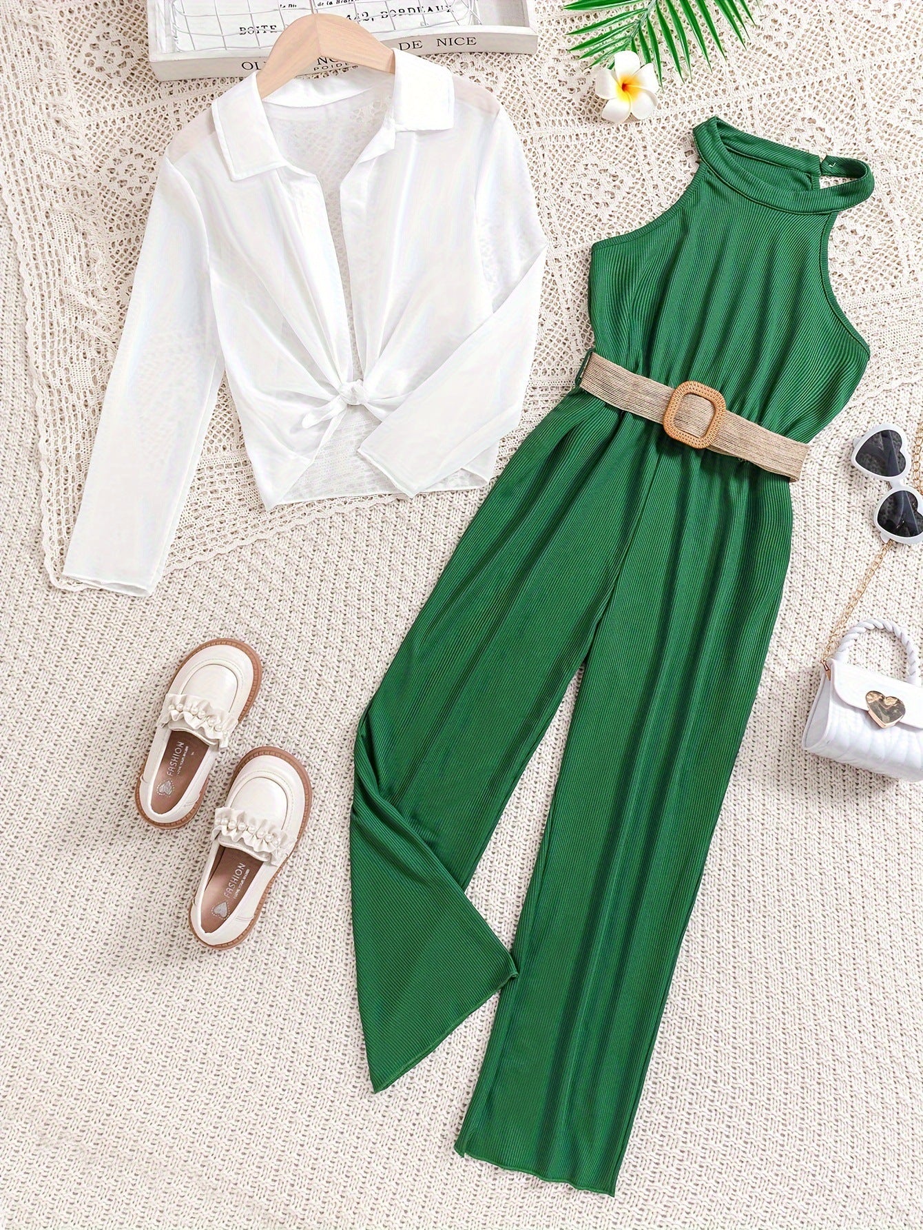 Set Elegante Bambina  Tuta   con Cintura e Camicia Bianca vari colori