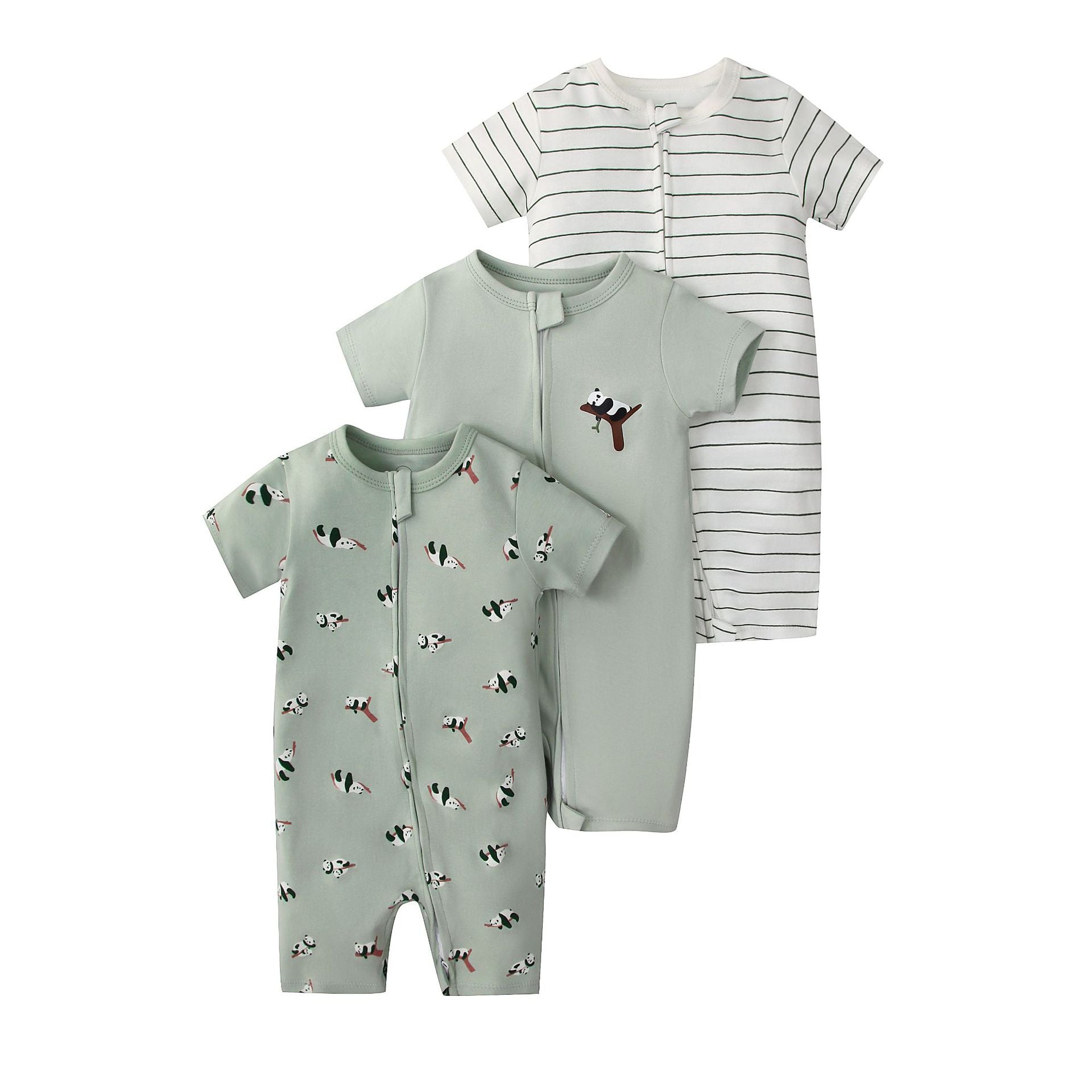 Set 3 Pagliaccetti Estivi Neonato/a “Panda Love”  Verde Salvia e Stile Naturale