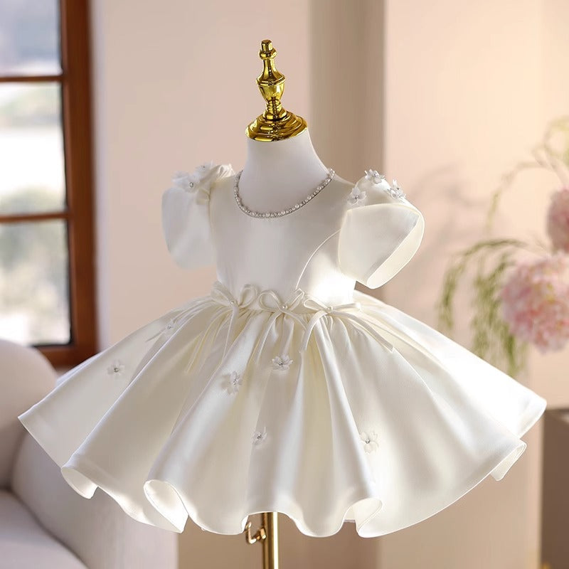 Abito Elegante Bambina Avorio con Maniche a Palloncino e Dettagli Floreali