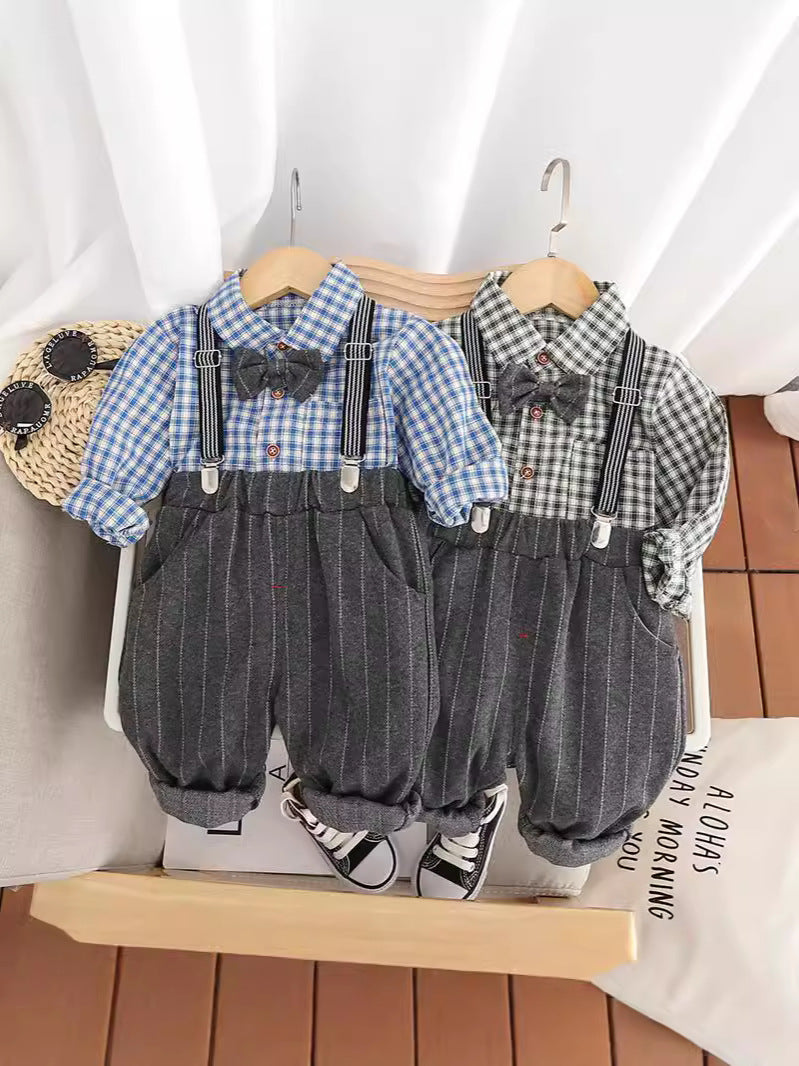Completo Elegante Neonato con Bretelle   Camicia a Quadri e Pantaloni a Righe