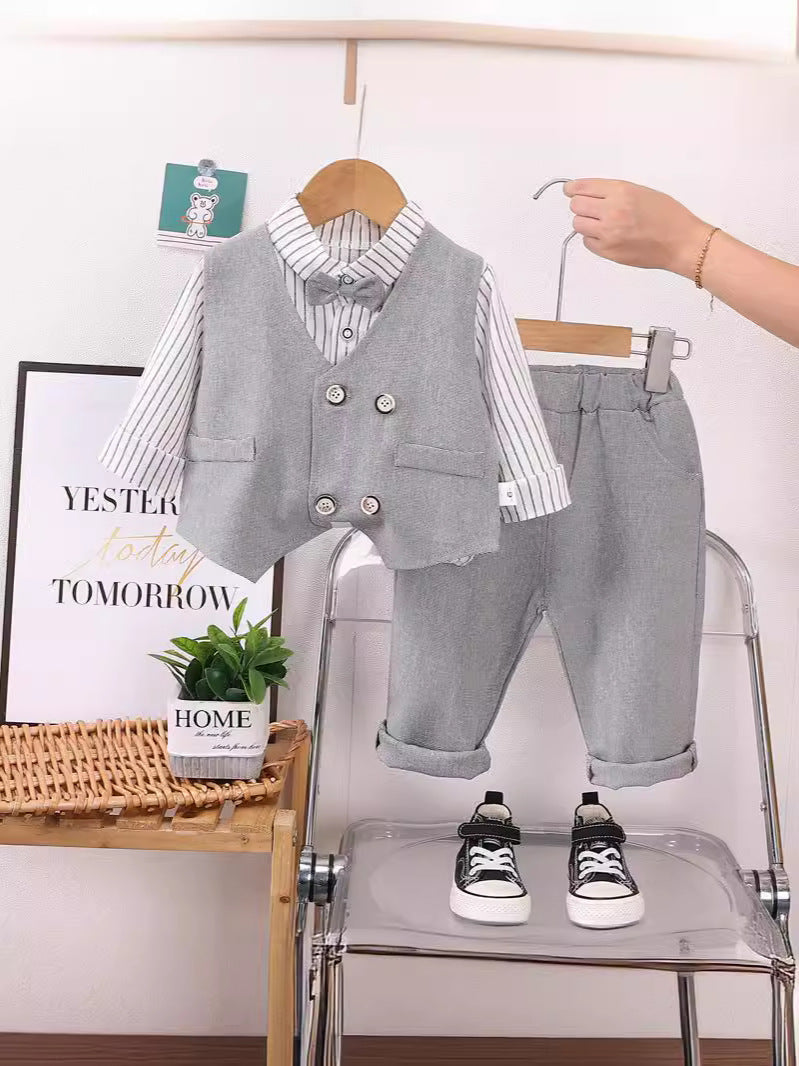 Completo Bambino 3 Pezzi Elegante  Camicia a Righe, Gilet Grigio e Pantaloni Coordinati