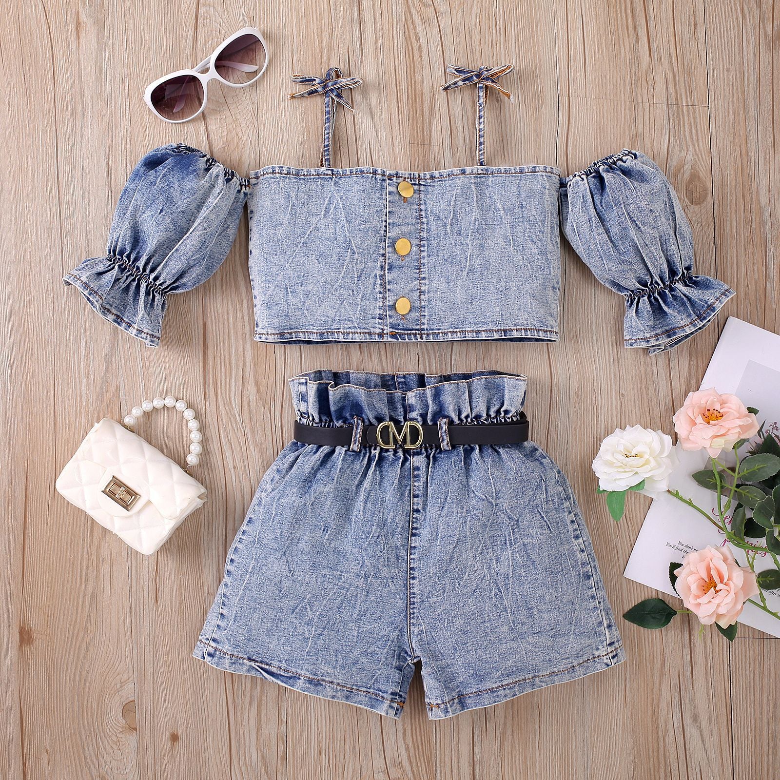 Completo Estivo in Jeans per Bimba Top con Spalline, Shorts con Cintura e Manicotti