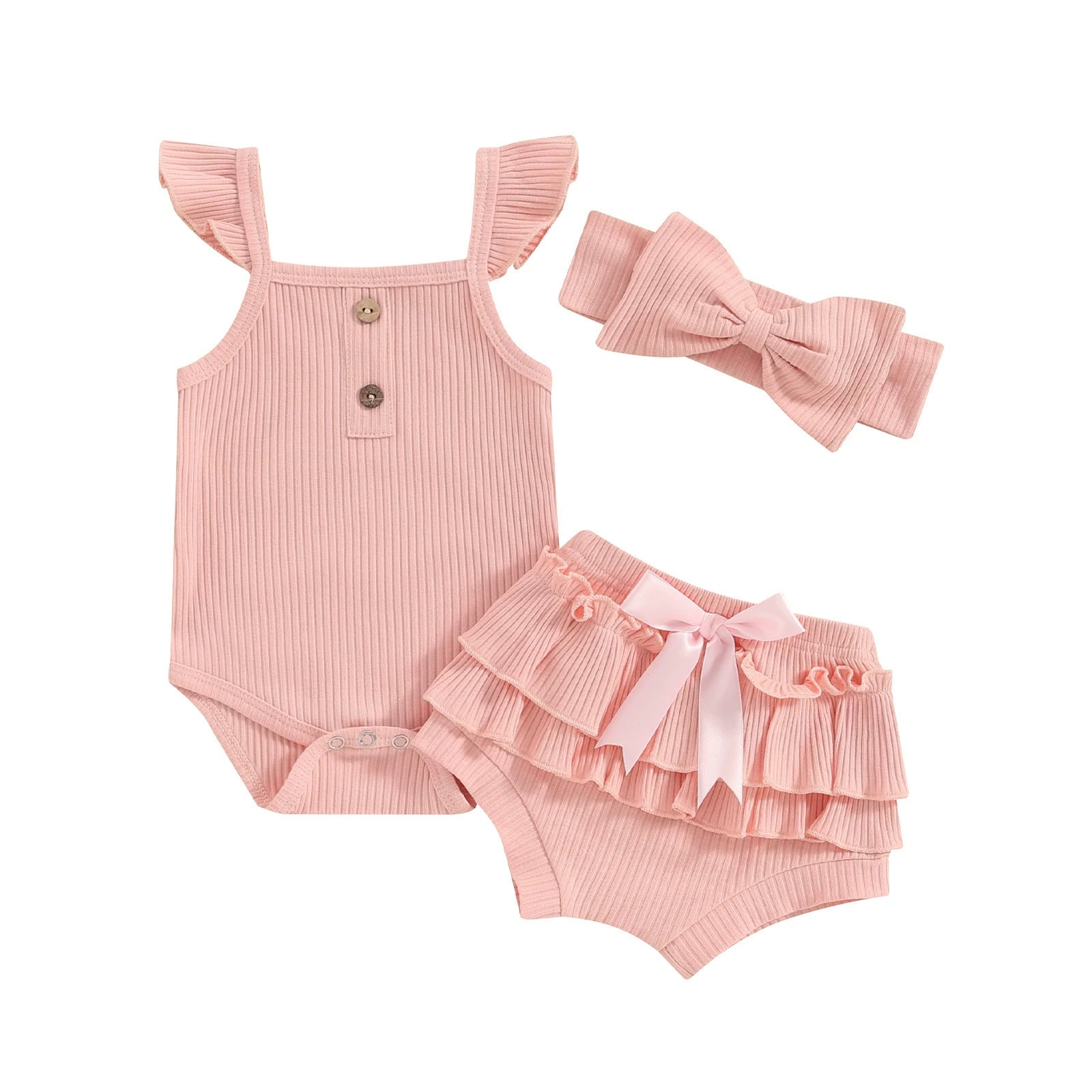 Completo Estivo Neonata/ Bimba  3 Pezzi con Body, Pantaloncini e Fascia