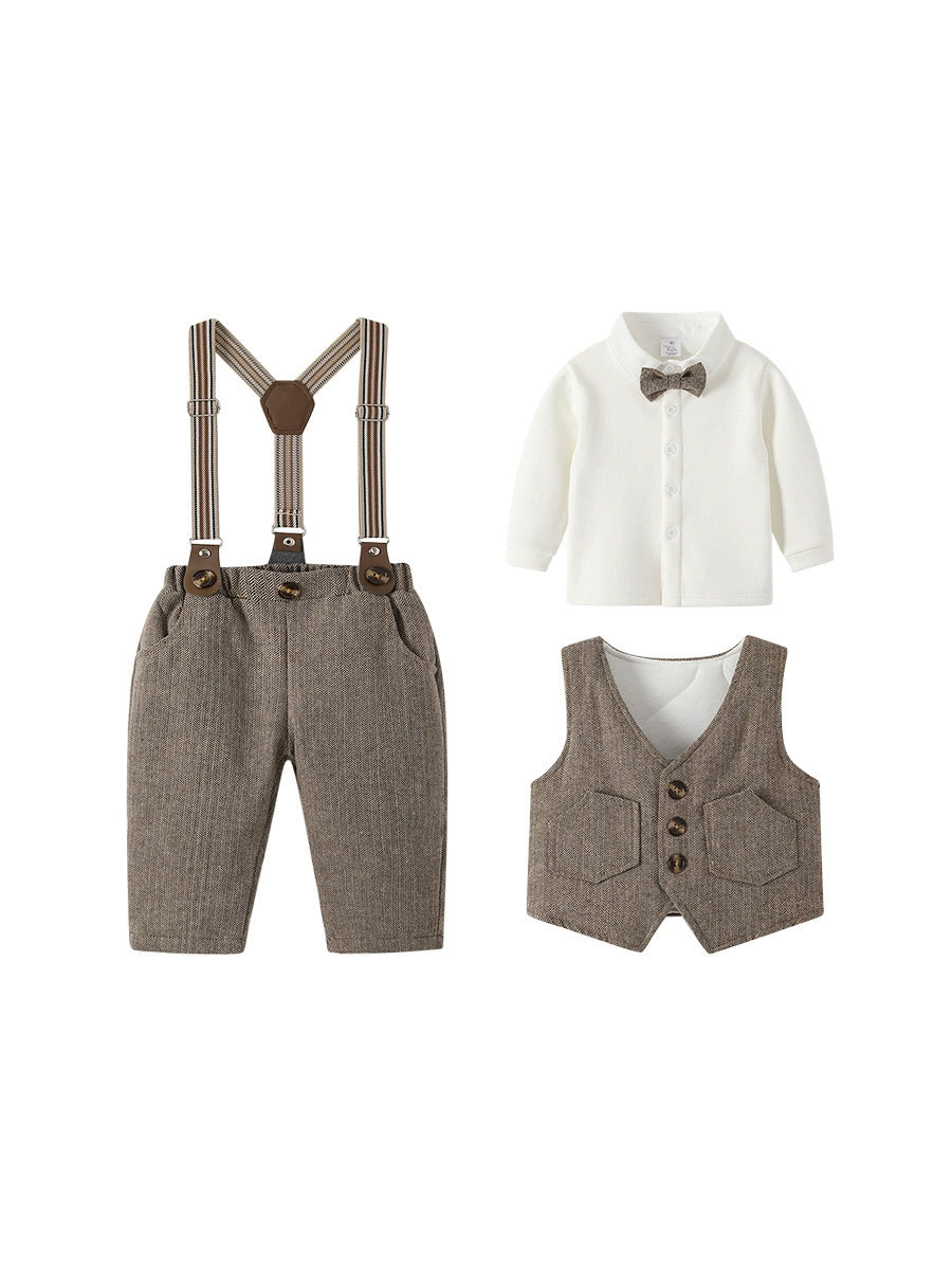 Completo Invernale Elegante Bimbo 3 Pezzi – Camicia + Gilet + Pantaloni con Bretelle