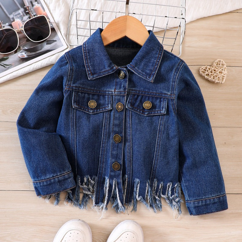 Giacca di Jeans Bambina   Stile Casual con Orlo Sfilacciato