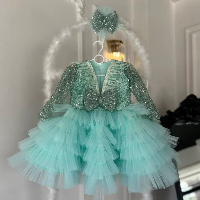 Abito Cerimonia Vari colori Principessa in Tulle con Lustrini e Fiocco