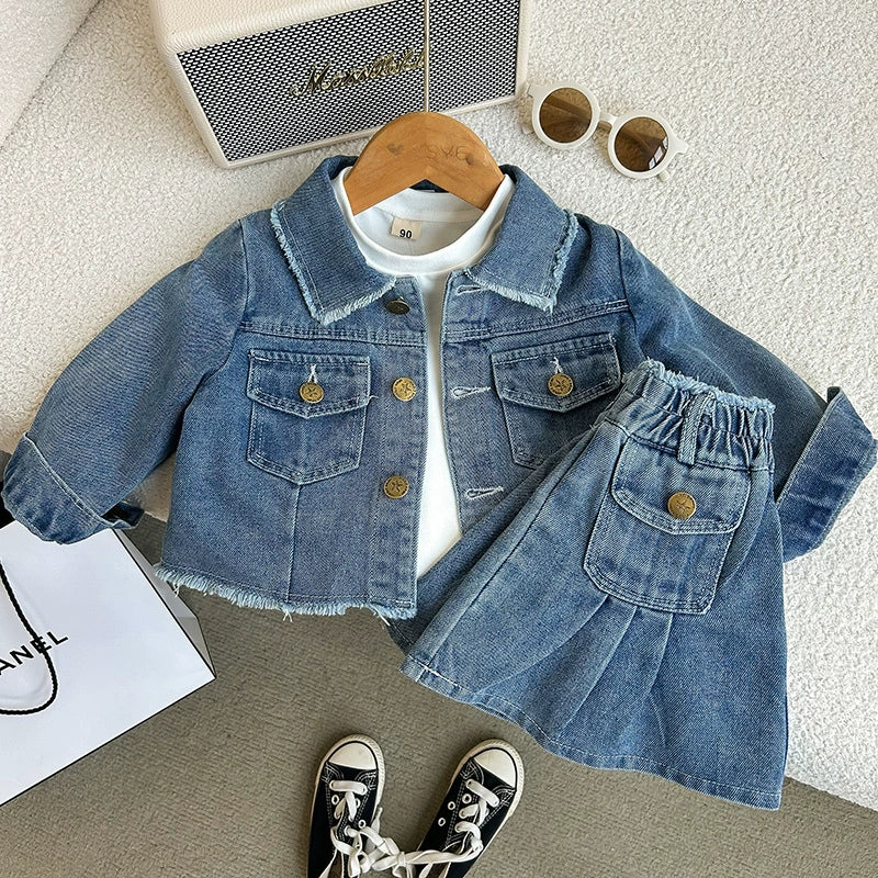 Completo Denim Bambina 2 Pezzi – Giubbino in Jeans + Gonnellina con Tasche