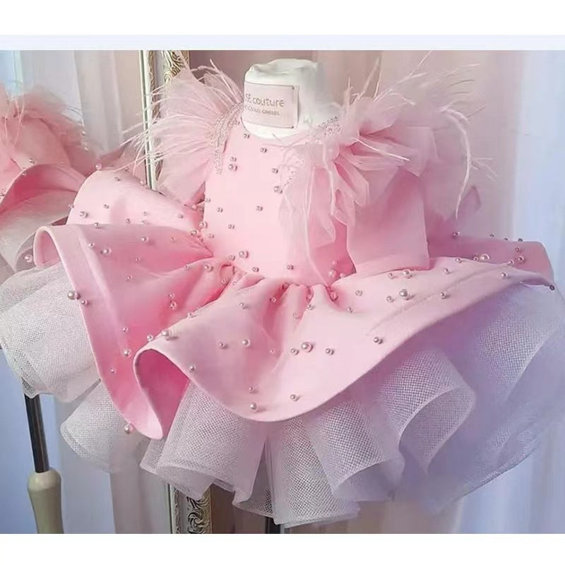 Abito da Cerimonia Bambina Rosa con Perline e Piume