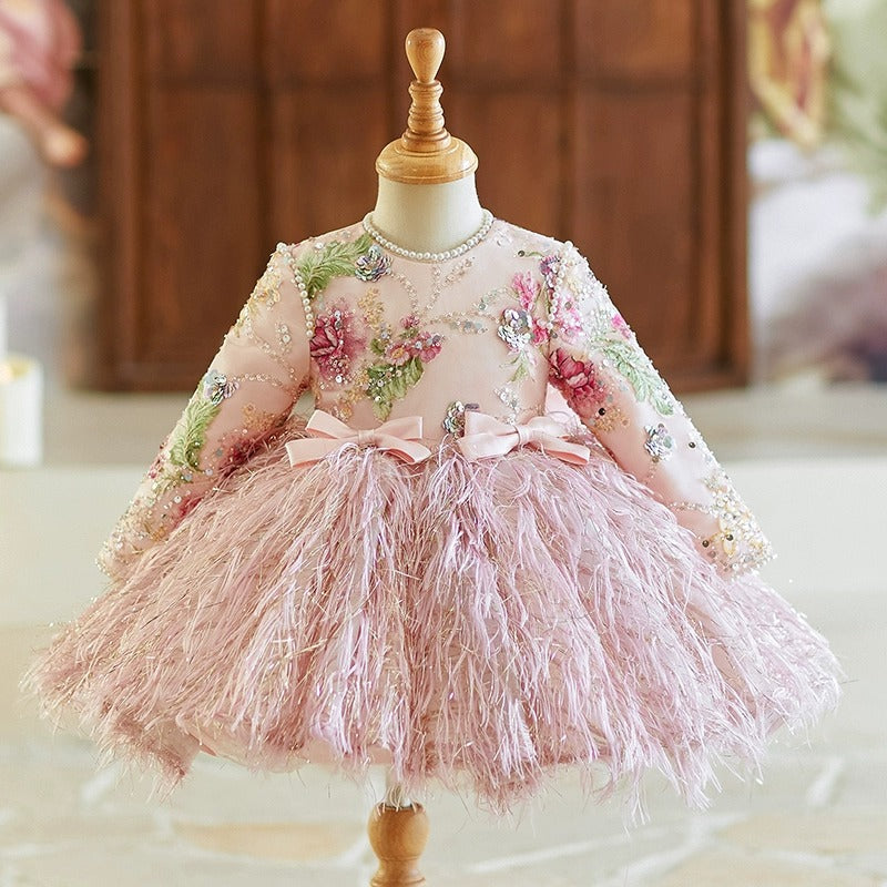 Abito Cerimonia Bimba Rosa con Fiori Ricamati e Gonna in Piume