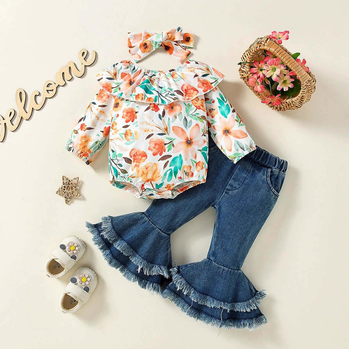 Completo bimba 3 pezzi jeans+maglietta+fascia