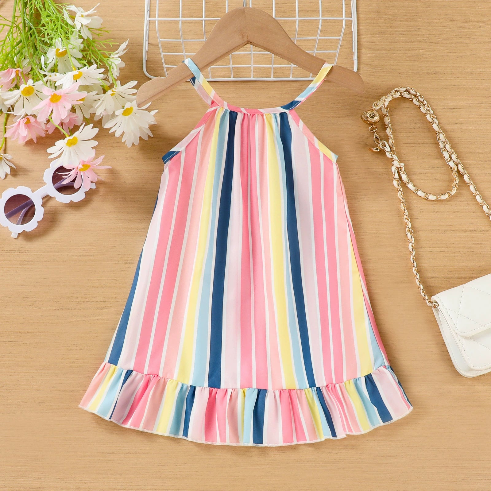 Vestito Estivo Bimba a Righe Colorate  Spalline Sottili e Volant