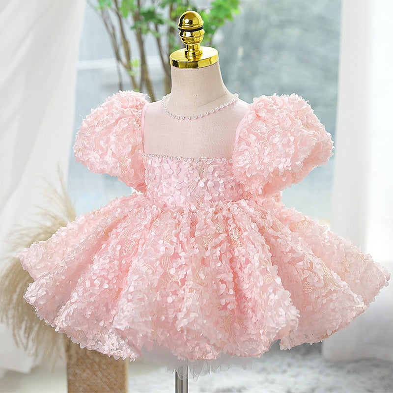 Abito Cerimonia Bimba Rosa con Fiori 3D e Maniche a Palloncino