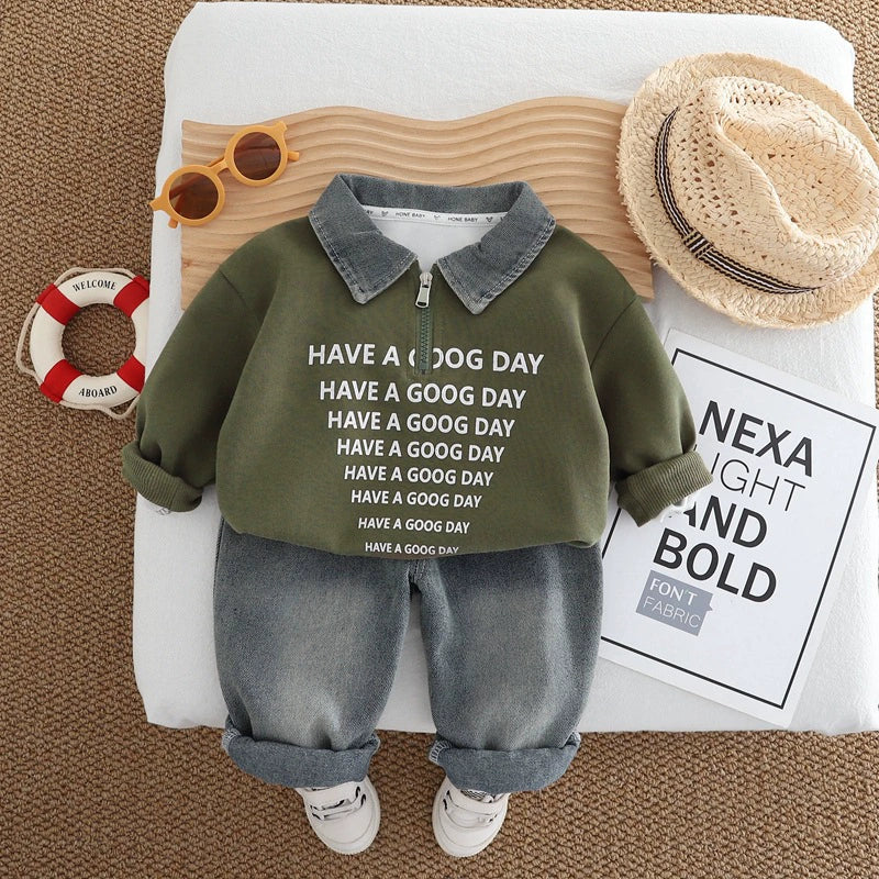 Completo Bimbo Invernale Felpa con Colletto Denim