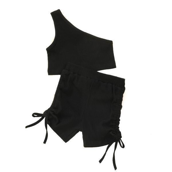 Completo Estivo Bambina in Maglia a Coste con Top Monospalla e Shorts