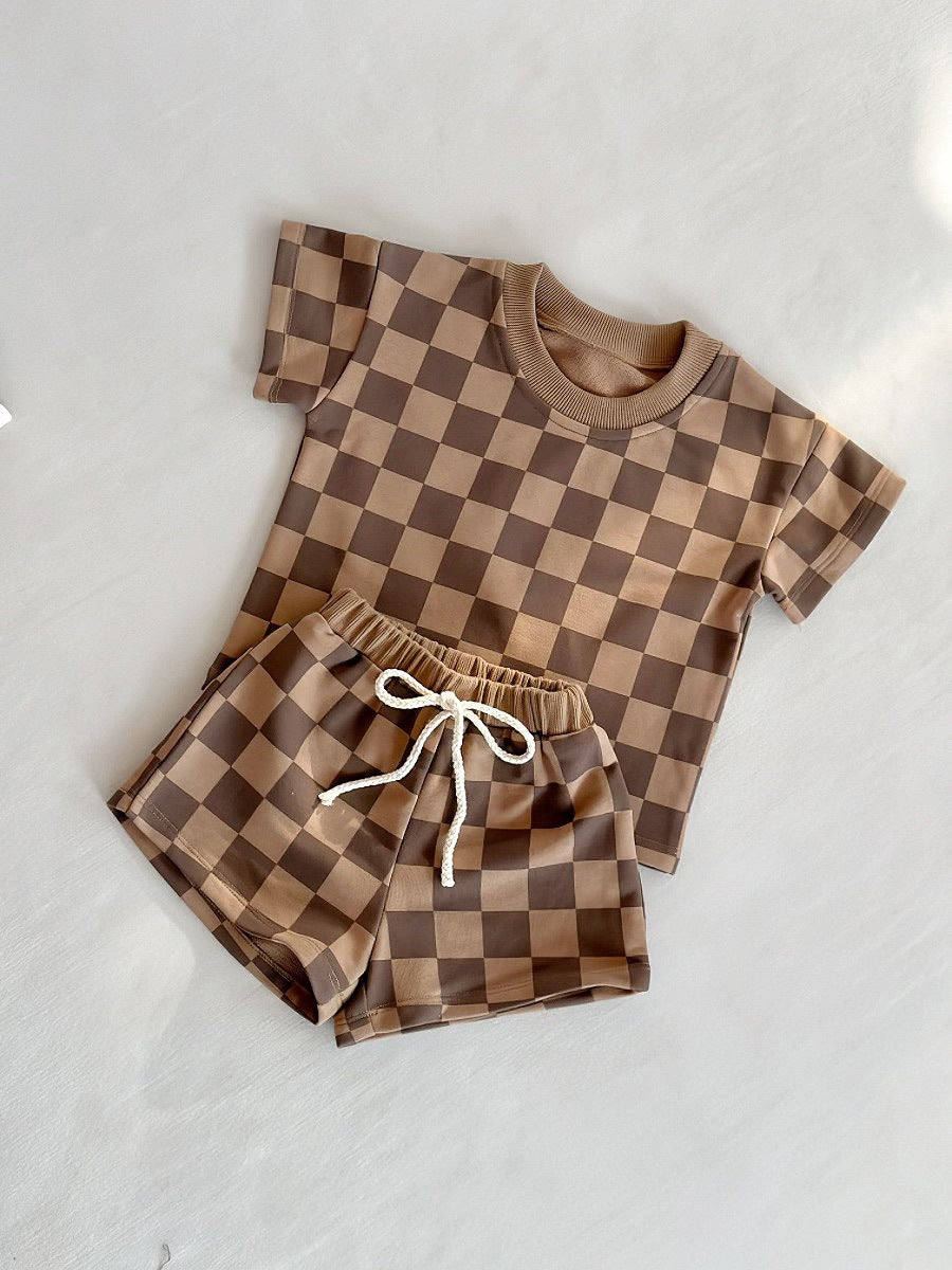 Completo 2PZ  Maglietta Bimbo + Pantaloncini  Fantasia Scacchi