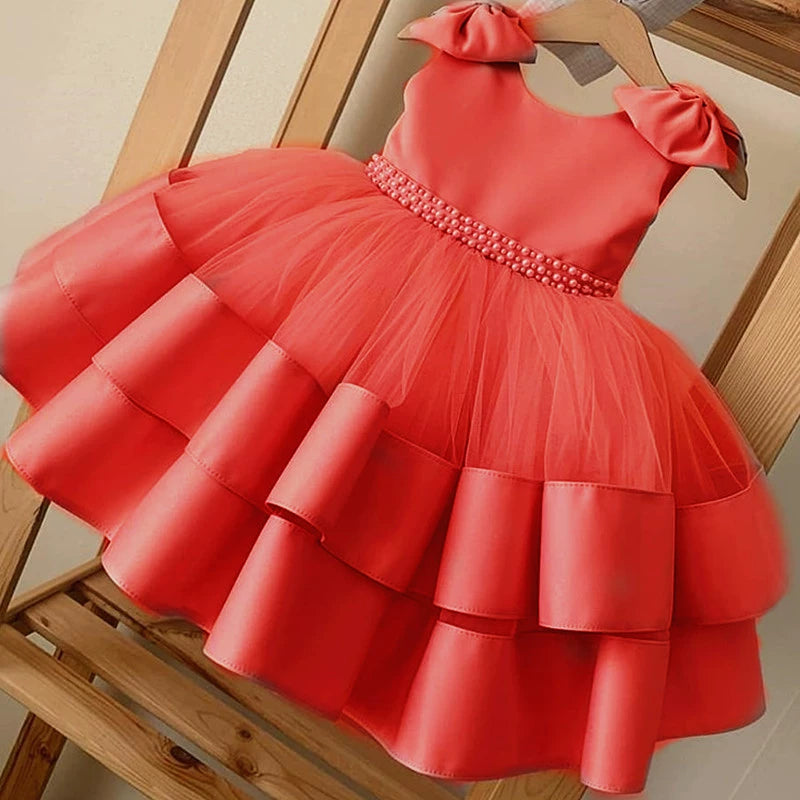 Abito Cerimonia Bambina in Tulle con Fiocchi e Perline