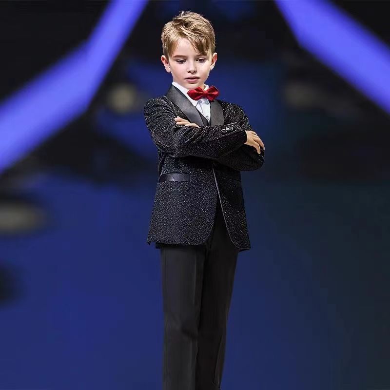Completo Elegante Bambino 4 Pezzi  Giacca Glitter Nera, Camicia, Pantalone e Papillon