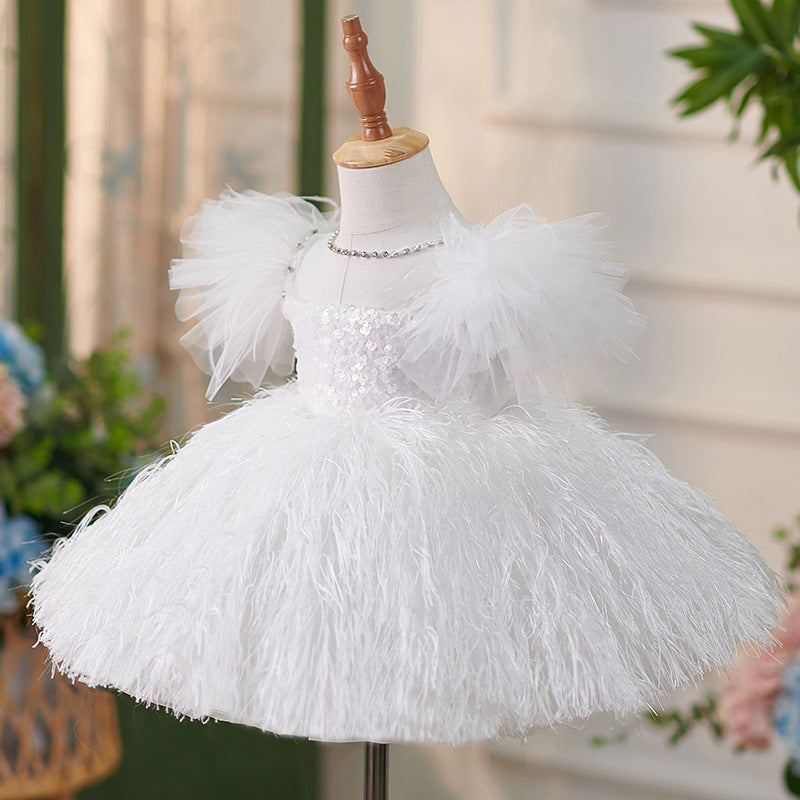 Abito cerimonia bambina  Bianco piumato con paillettes