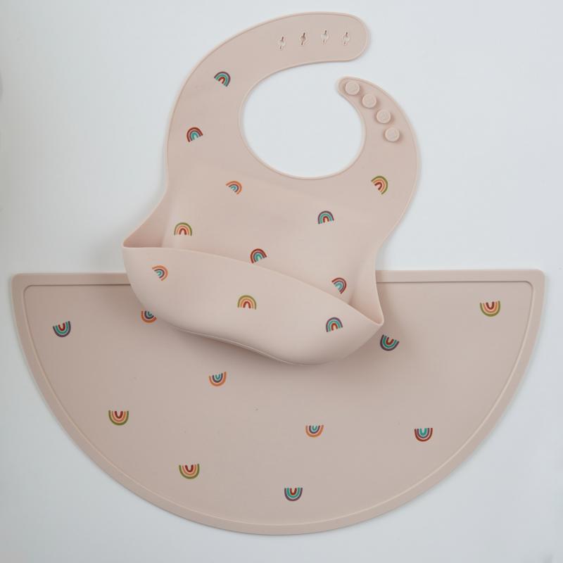 Set Bavaglino + Tovaglietta in Silicone  Fantasia Arcobaleno Beige
