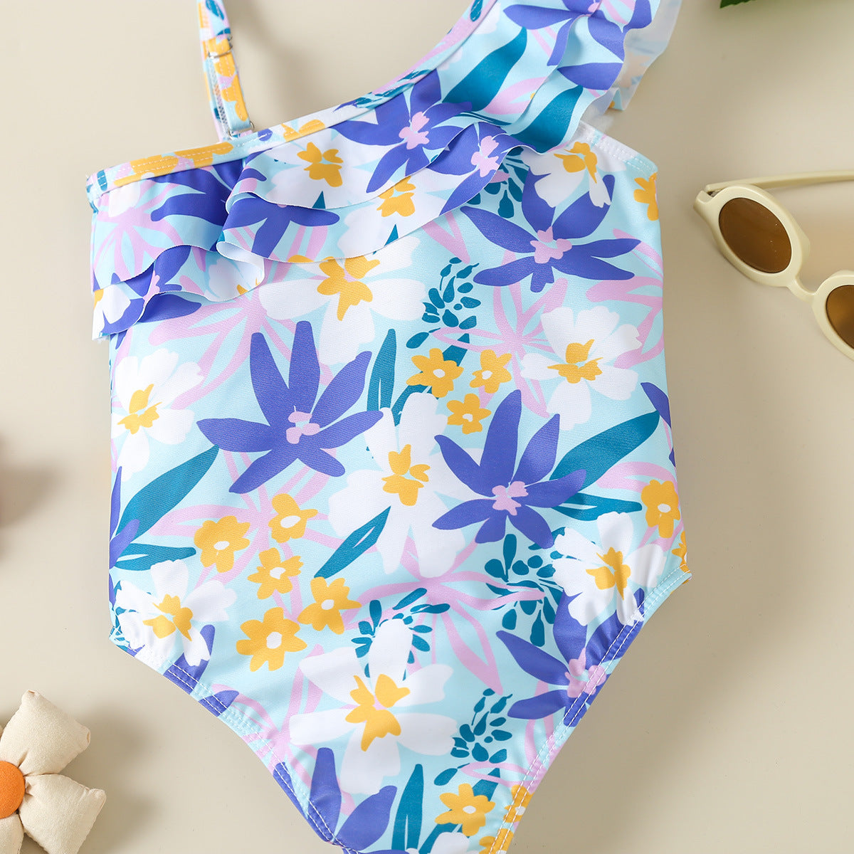 Costume intero bambina a fiori monospalla con volant