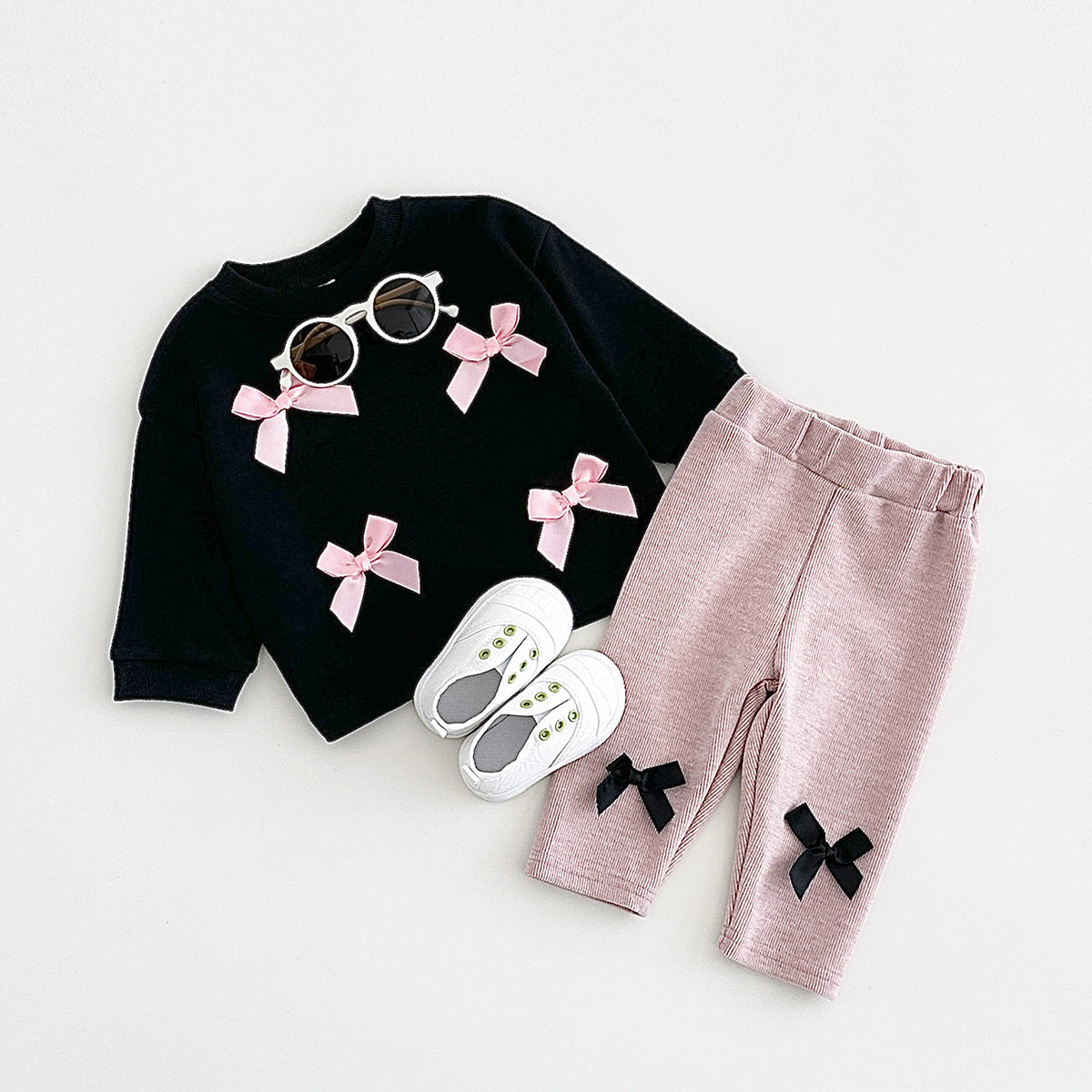 Completo Bimba “Bow Style”  Felpa Rosa + Leggings con Fiocchi
