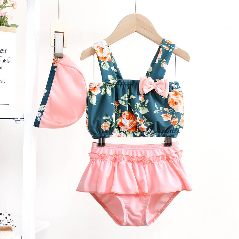Costume bambina 3 pezzi   Floreale Rosa e Verde