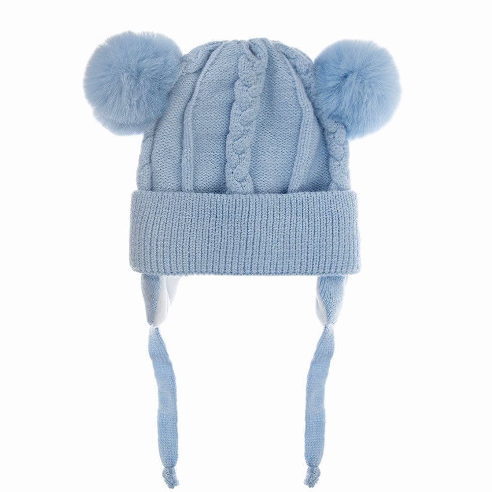 Cappellino Neonato Azzurro con Doppi Pon Pon – Maglia Calda in Fibra Acrilica 100%
