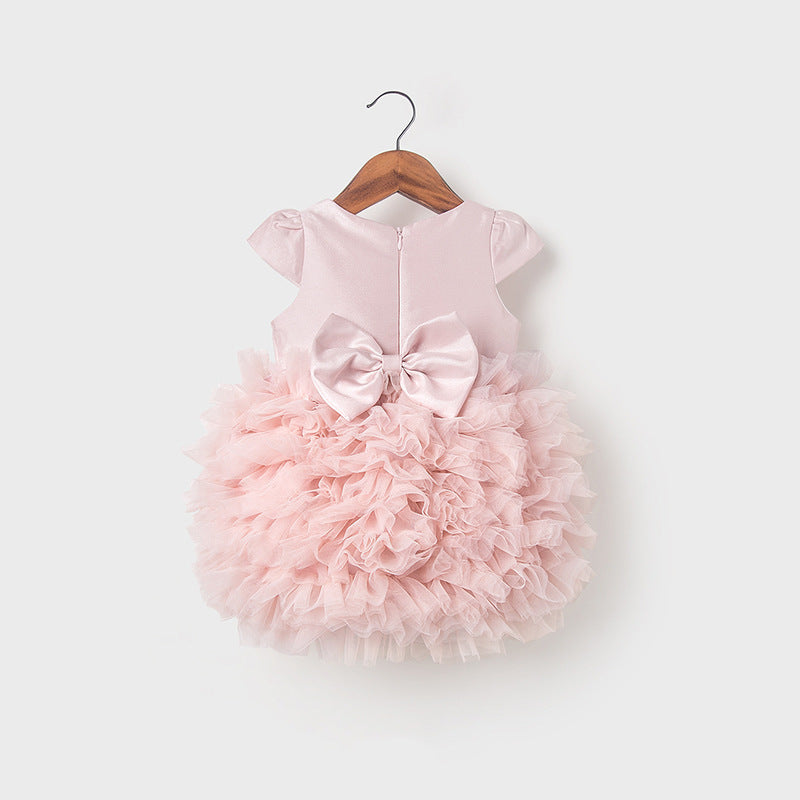 Abito Cerimonia Bambina Rosa   Gonna Voluminosa in Tulle e Fiocco Satinato