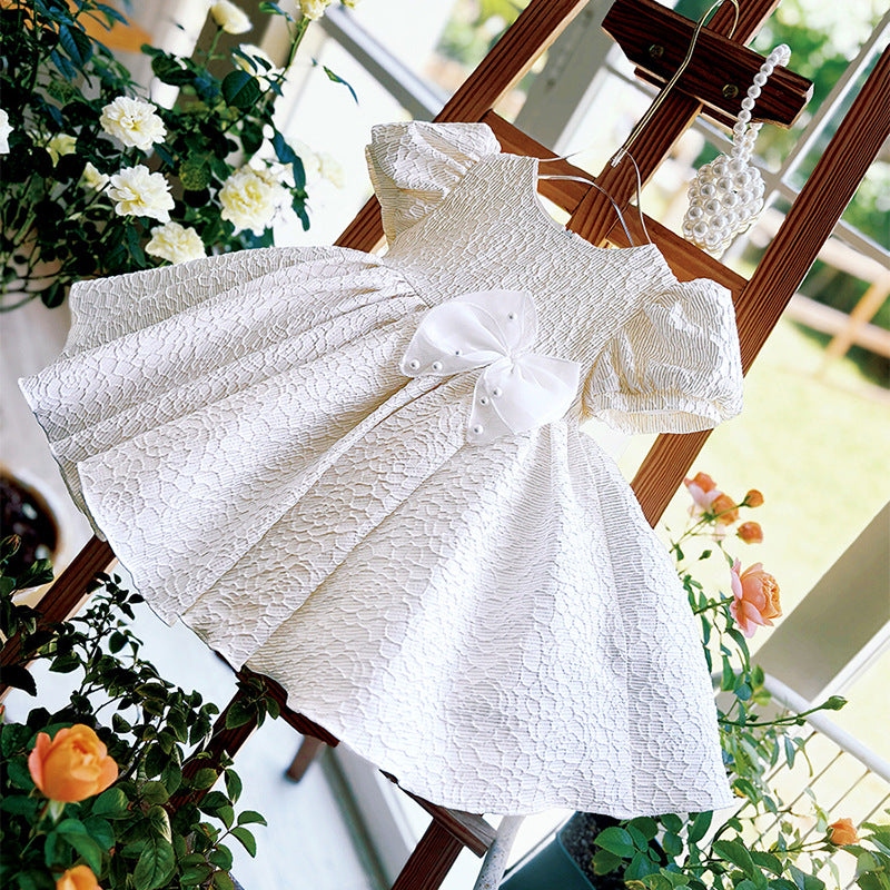 Abito Elegante Bambina in Pizzo Avorio con Fiocco in Organza