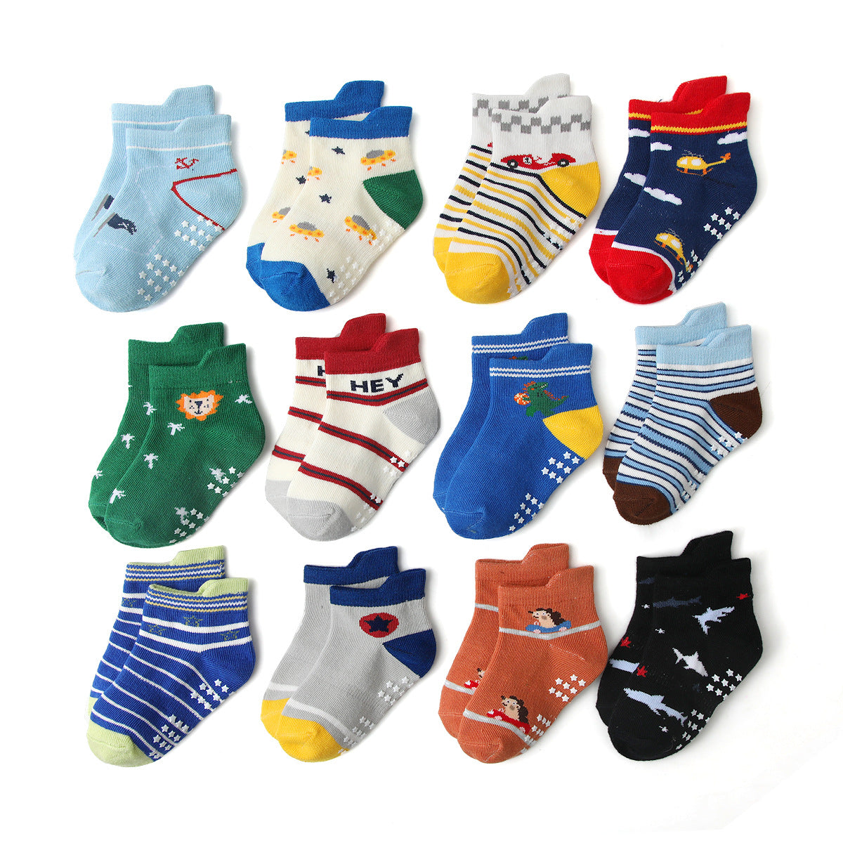 Set 12 Paia Calzini Antiscivolo Bambino   Fantasie Auto, Aerei, Animali e Sport