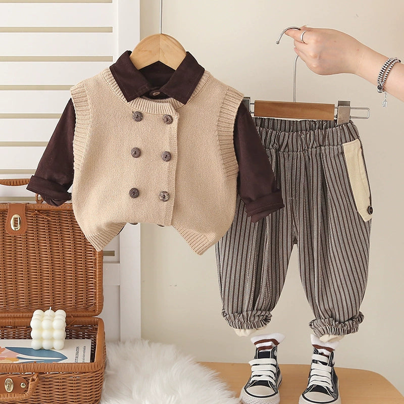 Set elegante Autunno e Inverno beige & marrone – gilet a doppio petto e pantaloni a righe
