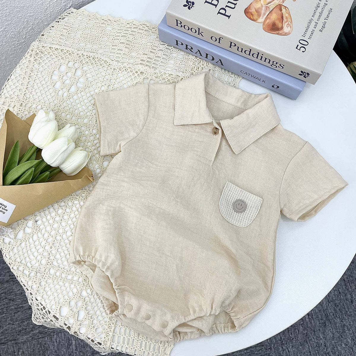 Body estivo con colletto e taschino smile   in lino misto cotone