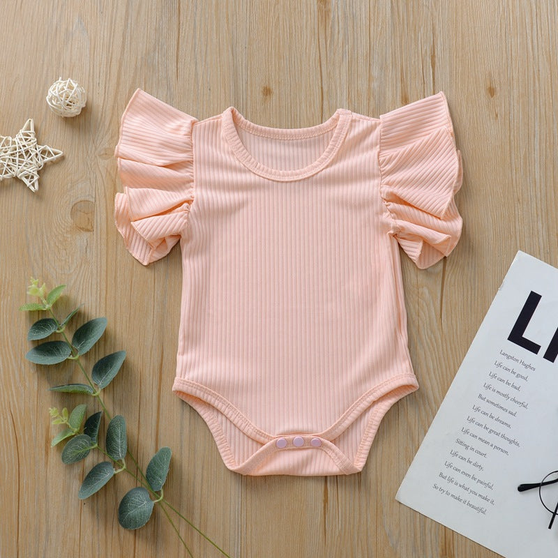 T-shirt / Body Bimba con Maniche Volant  Tessuto a Costine, Look Chic