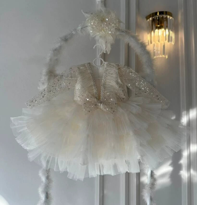 Abito Cerimonia Vari colori Principessa in Tulle con Lustrini e Fiocco