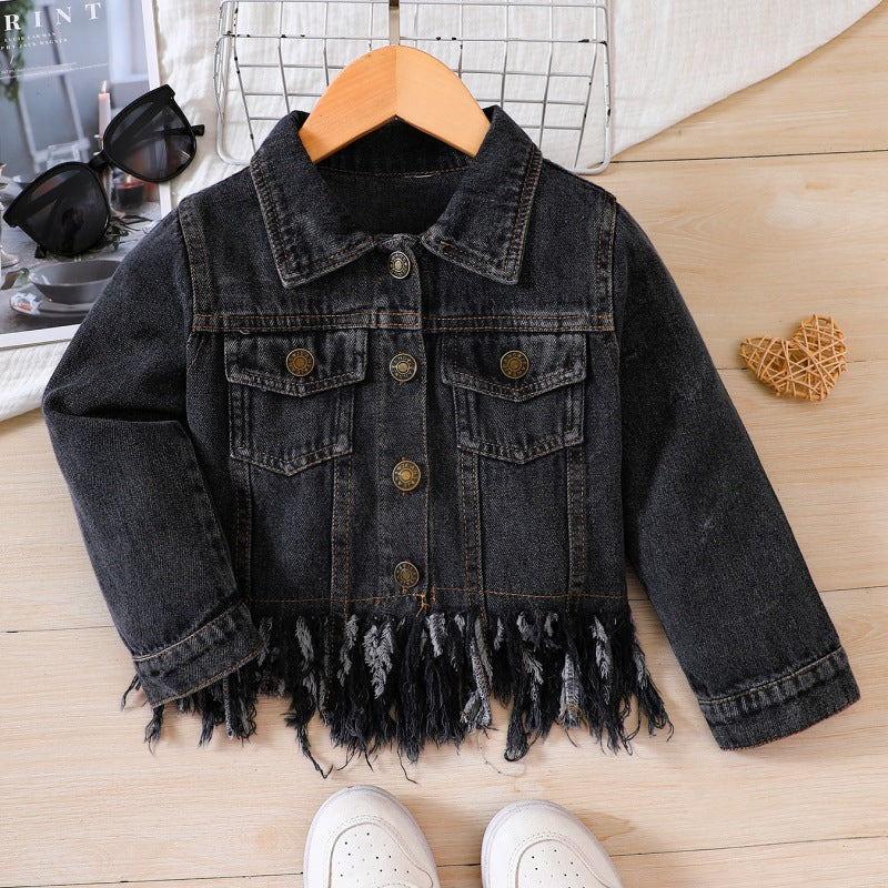 Giacca di Jeans Bambina   Stile Casual con Orlo Sfilacciato