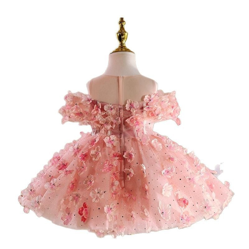 Abito Cerimonia Bimba Rosa – Fiori 3D e Corpetto con Perle