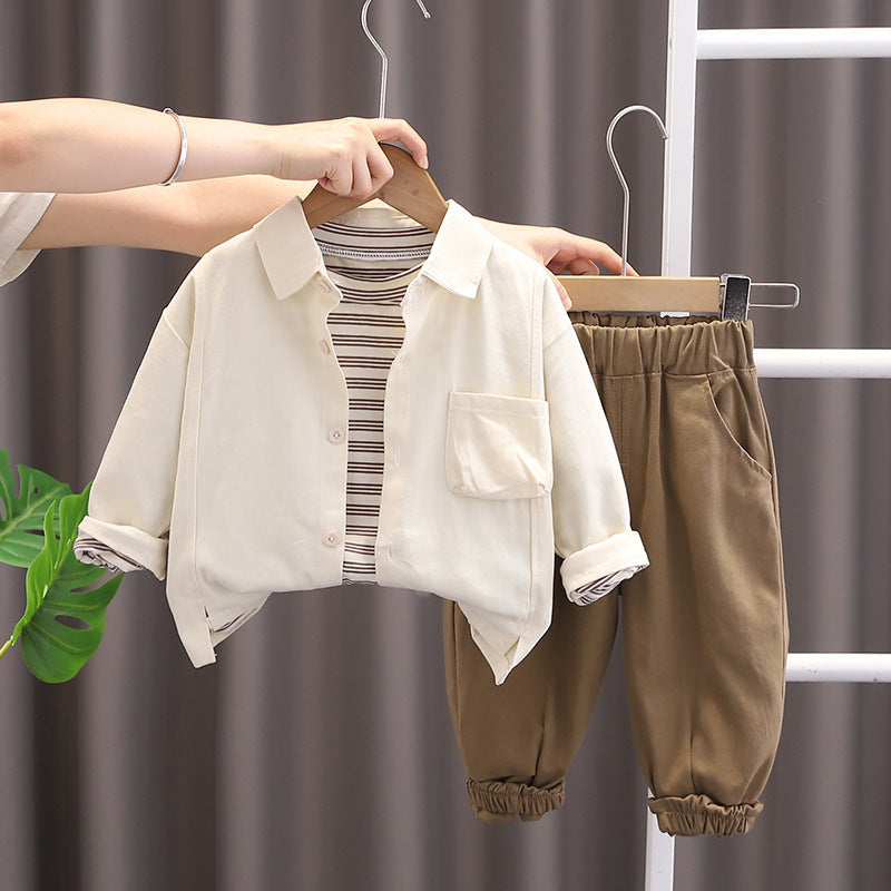 Completo bambino 3 pezzi  Camicia, T-shirt a righe e pantalone con polsino