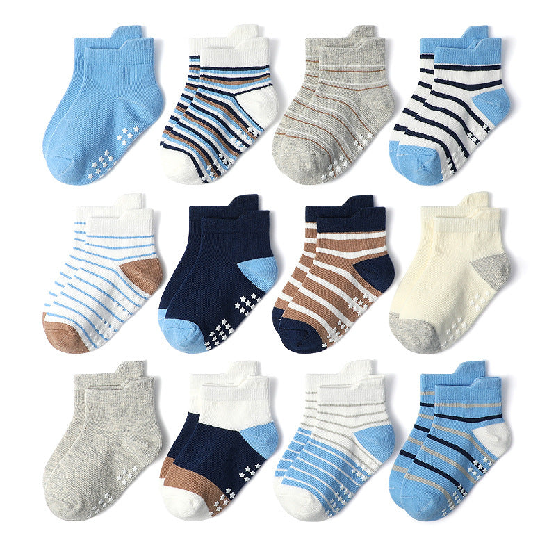 Set 12 Calzini Antiscivolo Bambino – Righe e Tinta Unita, Colori Neutri