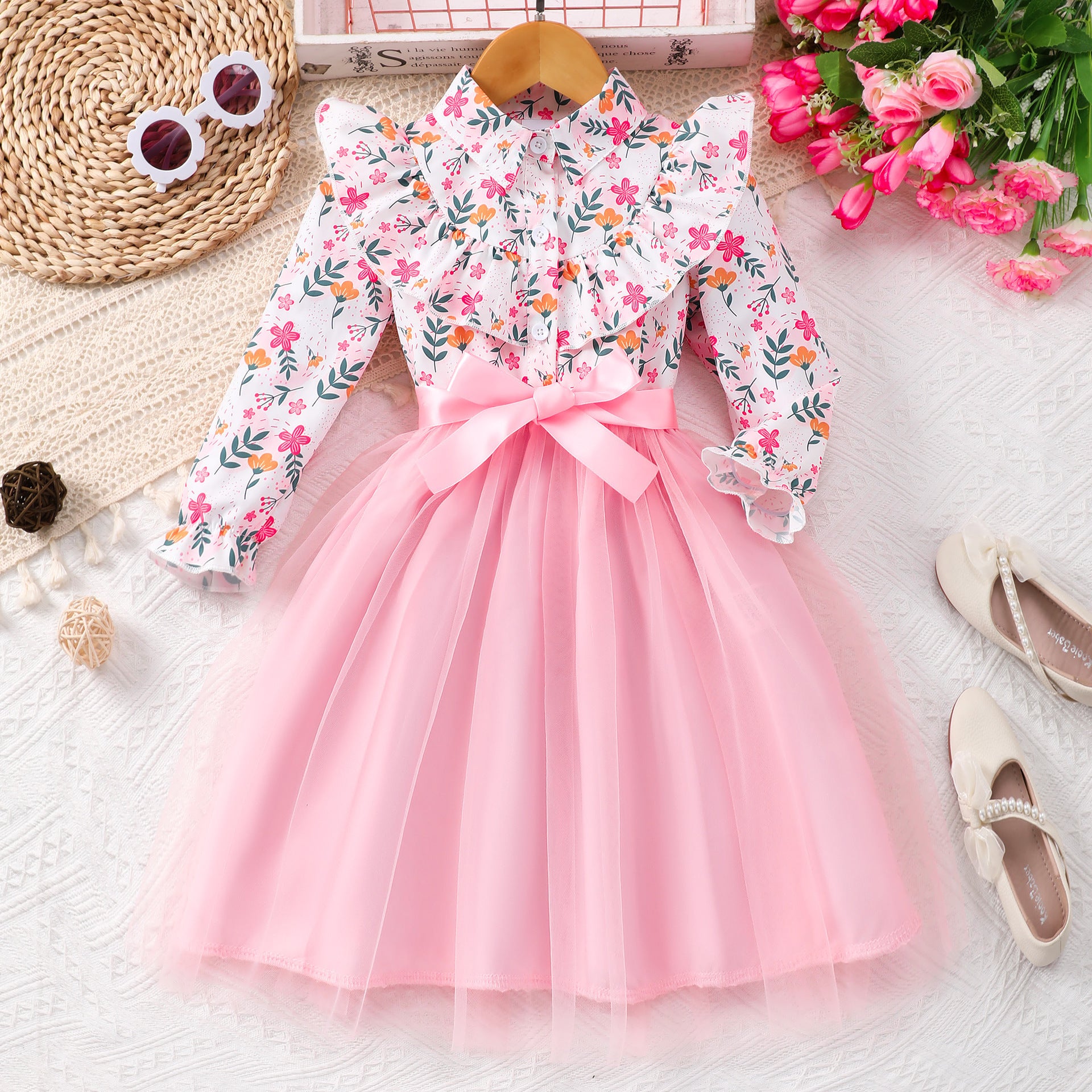 Abito Elegante Bimba   Camicia a Fiori e Gonna in Tulle con Fiocco
