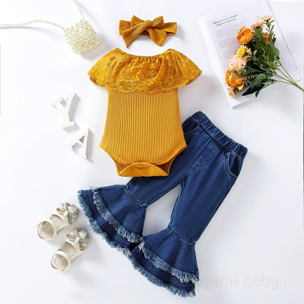 Completo bimba 3 pezzi jeans+maglietta+fascia