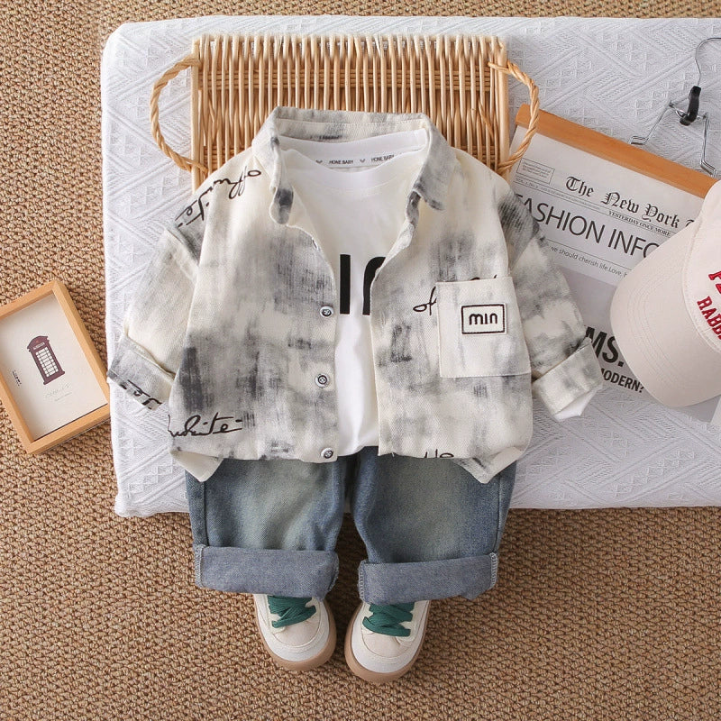 Set 3 pezzi Bimbo Camicia sfumata grigio/bianco + jeans e T-shirt – Autunno/Inverno