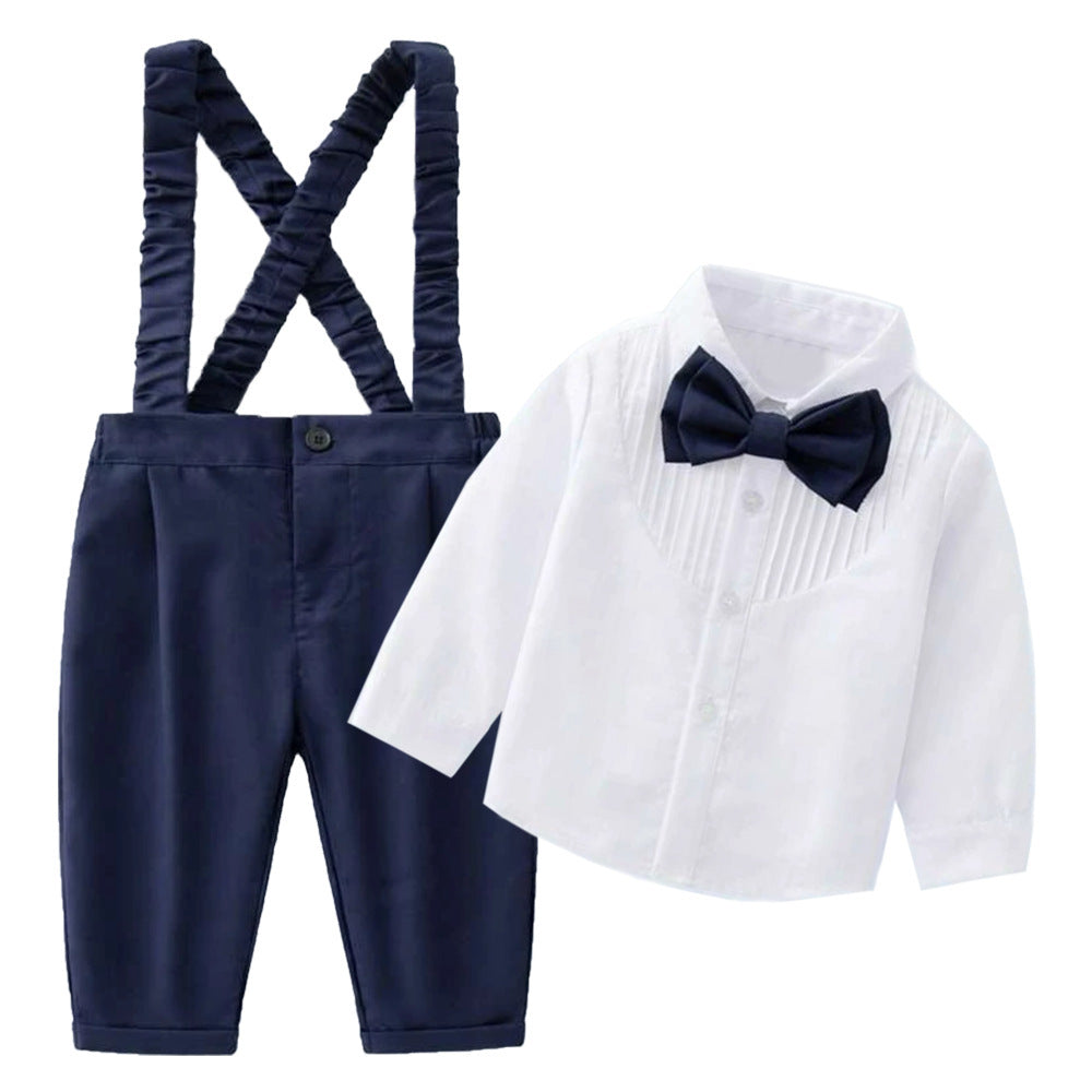 Completo Elegante Neonato  Camicia Bianca, Pantaloni Blu con Bretelle e Papillon