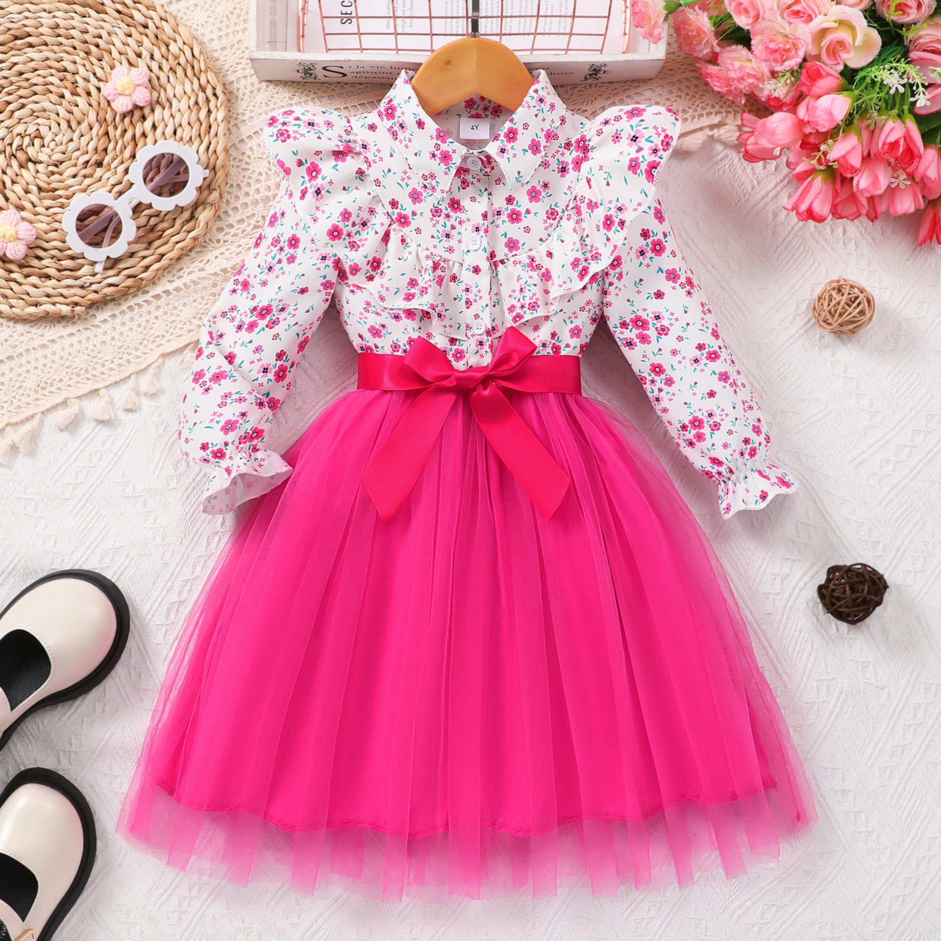 Abito Elegante Bimba   Camicia a Fiori e Gonna in Tulle con Fiocco