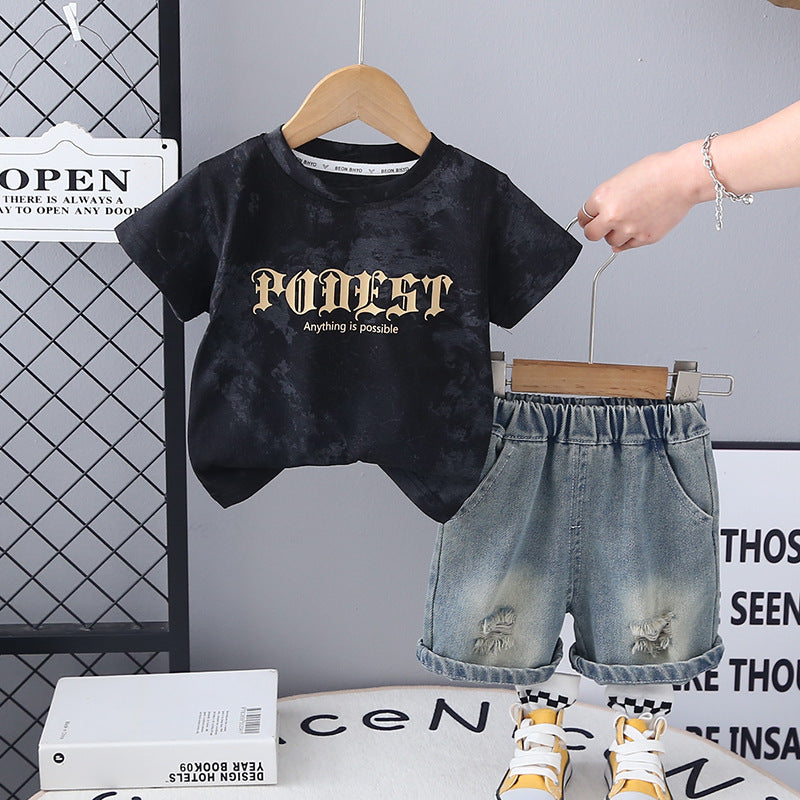 Completo Estivo Bimbo  T-shirt “Power” Effetto Marmo e Shorts in Denim
