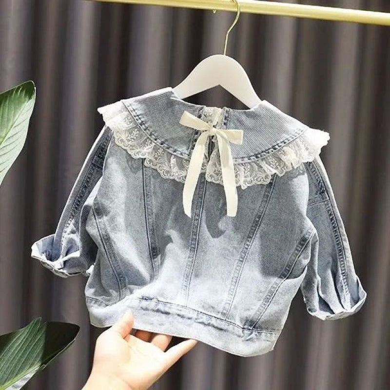Giacca Jeans Bambina con Colletto in Pizzo