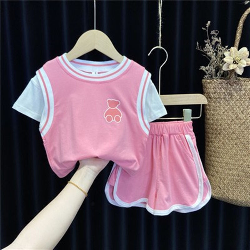 Coordinato Estivo Bambina con Orsetto  Maglietta e Gonnellina Pantaloncino