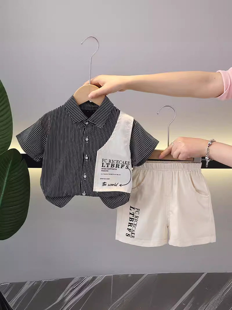 Completo Estivo Bambino   Camicia a Righe con Shorts Stampati