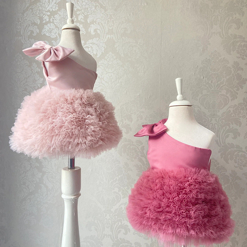 Abito Cerimonia Bambina Monospalla – Tulle Voluminoso e Fiocco in Raso