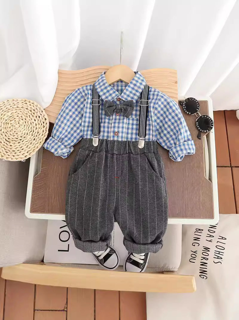 Completo Elegante Neonato con Bretelle   Camicia a Quadri e Pantaloni a Righe